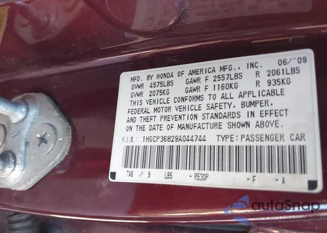 2009 Honda Accord 3.5 Ex-L z USA, uszkodzony, nr VIN 1HGCP36829A044744